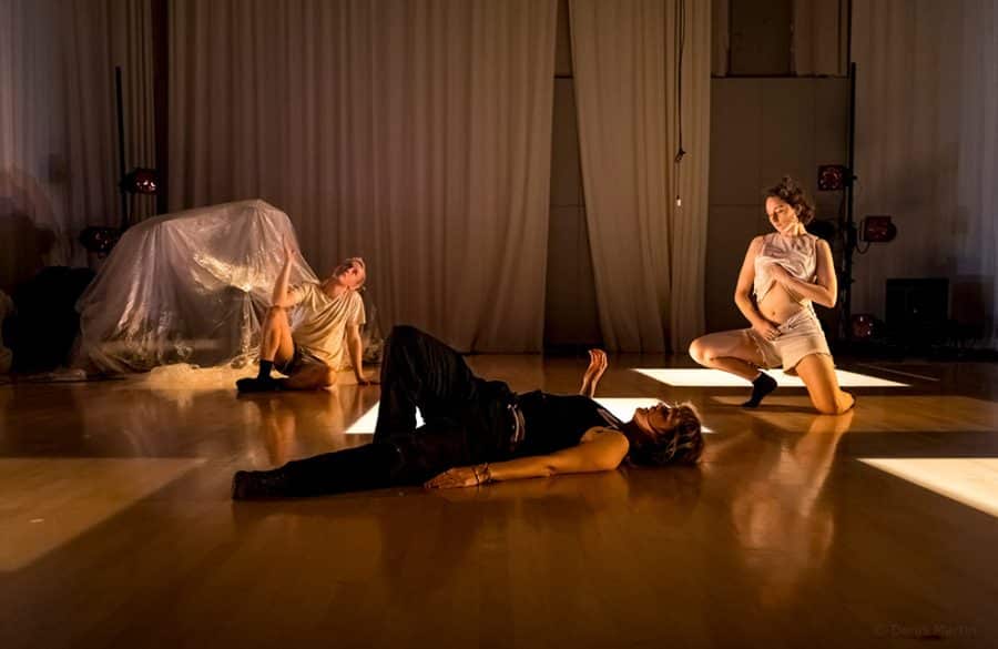 Laura Jeffery, Benjamin Harvey and Claude Labrèche-Lemay in a choreography by Laura Jeffery as part of LABdiff 3, photo by Denis Martin