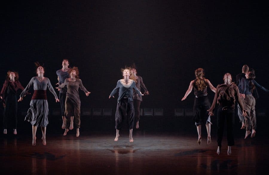 Annmaria Mazzini, Geneviève Boulet, Jerome Zerges, Rachelle Bourget, Caitlin Griffin, Tessa Rae Kuz, Chelsea Bonosky, Erin O’Loughlin, Jason Martin, Alexandra Caron in Margie Gillis's To Lose the World, photo by Sasha Onyshchenko